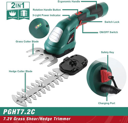 POSENPRO Akku-Heckenschere 7,2V, 2-in-1 Rasen- und Strauchschere