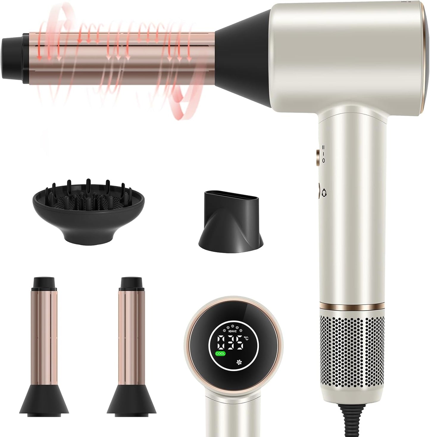 PARWIN PRO BEAUTY Air-Sonic Föhn, HD-LED Anzeige Fön, Haartrockner mit 110,000RPM Bürstenlosem Geräuscharm Motor, 2x 32mm Auto Wrap-Curler, 25M/S Luftstrom für Schnelle Trocknung （Champagne Silver）