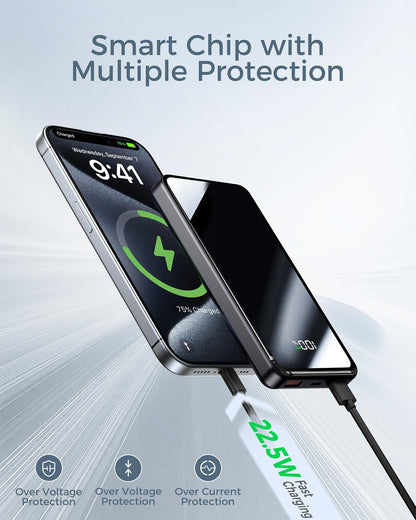 Power Bank, 20000mAh Powerbank 22,5W (USB-C Input & Output), PD 3.0 mit Taschenlampe