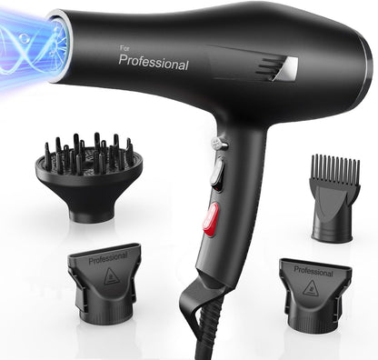 Professional Föhn Ionen Haartrockner Hair Dryer mit 1 Diffusor 2 Stylingdüse, 3 Heiz und 2 Geschwindigkeitsstufen, (Schwarz)