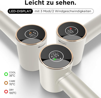 PARWIN PRO BEAUTY Air-Sonic Föhn, HD-LED Anzeige Fön, Haartrockner mit 110,000RPM Bürstenlosem Geräuscharm Motor, 2x 32mm Auto Wrap-Curler, 25M/S Luftstrom für Schnelle Trocknung （Champagne Silver）
