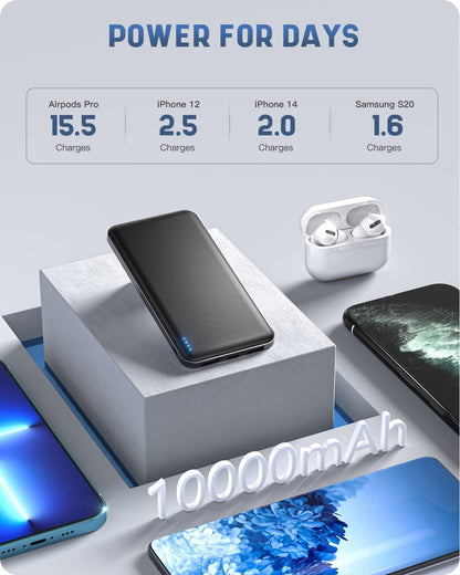 Power Bank, Ultra Slim Leicht 10000mAh Powerbank Klein Aber Stark USB C und 2 USB Ausgängen