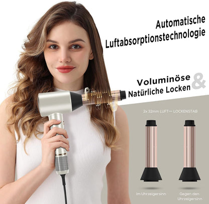 PARWIN PRO BEAUTY Air-Sonic Föhn, HD-LED Anzeige Fön, Haartrockner mit 110,000RPM Bürstenlosem Geräuscharm Motor, 2x 32mm Auto Wrap-Curler, 25M/S Luftstrom für Schnelle Trocknung （Champagne Silver）