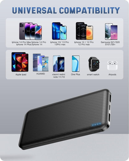 Power Bank, Ultra Slim Leicht 10000mAh Powerbank Klein Aber Stark USB C und 2 USB Ausgängen