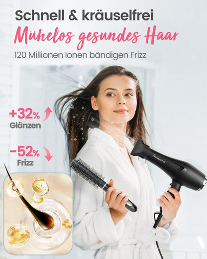 Professional Föhn Ionen Haartrockner Hair Dryer mit 1 Diffusor 2 Stylingdüse, 3 Heiz und 2 Geschwindigkeitsstufen, (Schwarz)