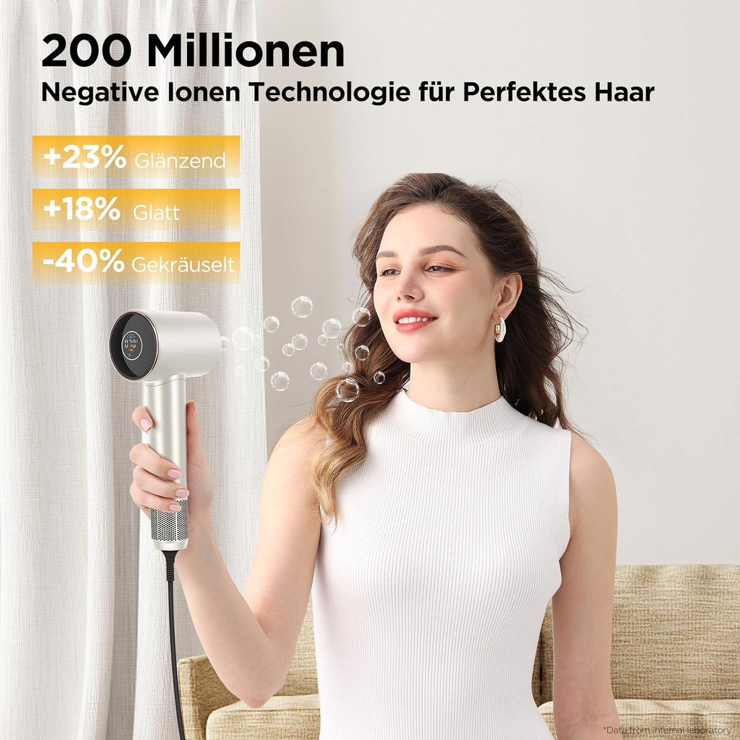 PARWIN PRO BEAUTY Air-Sonic Föhn, HD-LED Anzeige Fön, Haartrockner mit 110,000RPM Bürstenlosem Geräuscharm Motor, 2x 32mm Auto Wrap-Curler, 25M/S Luftstrom für Schnelle Trocknung （Champagne Silver）