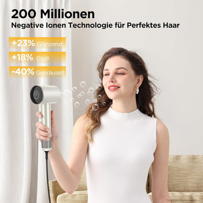 PARWIN PRO BEAUTY Air-Sonic Föhn, HD-LED Anzeige Fön, Haartrockner mit 110,000RPM Bürstenlosem Geräuscharm Motor, 2x 32mm Auto Wrap-Curler, 25M/S Luftstrom für Schnelle Trocknung （Champagne Silver）