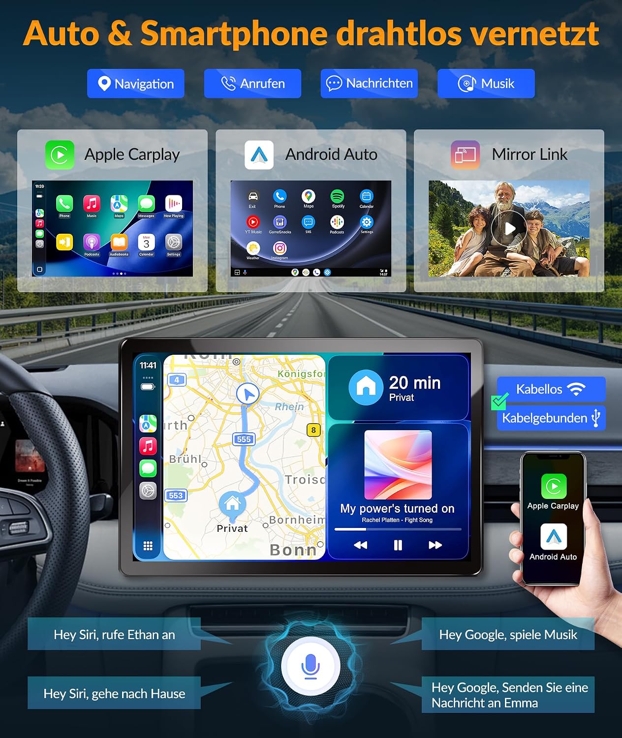 PORMIDO 11,8" 2K Autoradio mit Bildschirm: Android 13 1din Radio Apple CarPlay