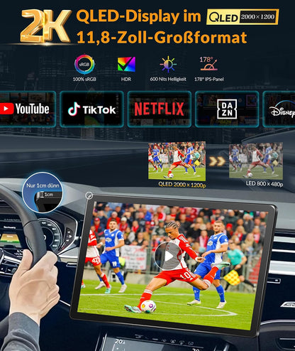 PORMIDO 11,8" 2K Autoradio mit Bildschirm: Android 13 1din Radio Apple CarPlay