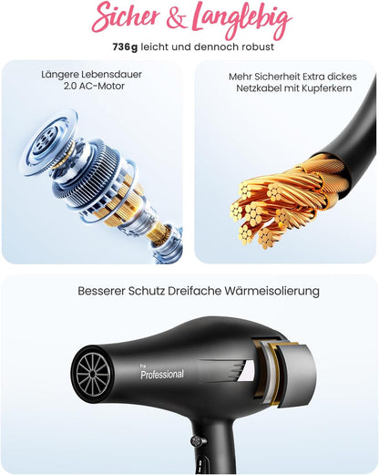 Professional Föhn Ionen Haartrockner Hair Dryer mit 1 Diffusor 2 Stylingdüse, 3 Heiz und 2 Geschwindigkeitsstufen, (Schwarz)