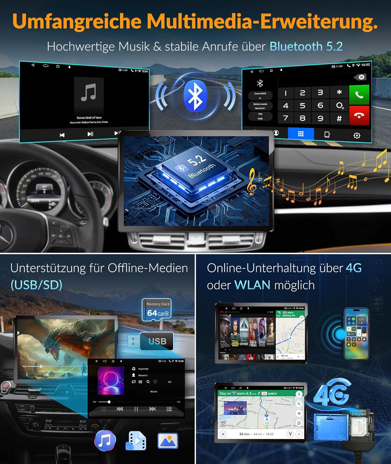 PORMIDO 11,8" 2K Autoradio mit Bildschirm: Android 13 1din Radio Apple CarPlay