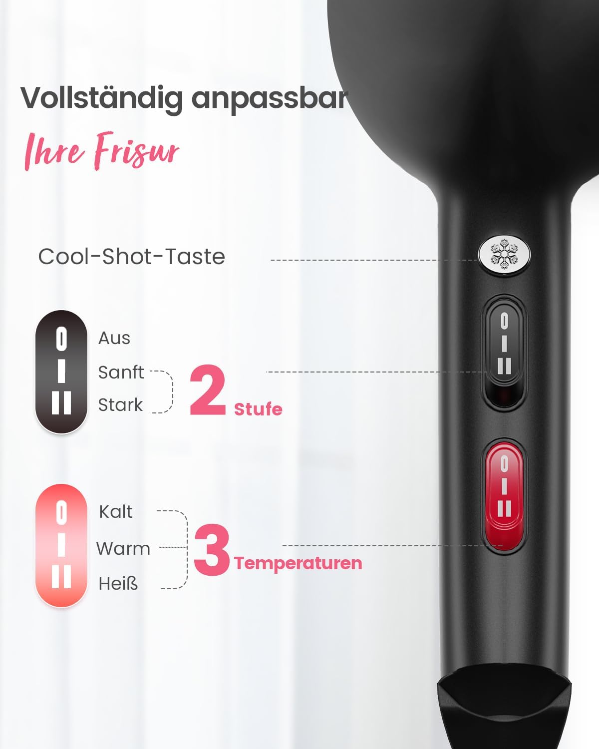 Professional Föhn Ionen Haartrockner Hair Dryer mit 1 Diffusor 2 Stylingdüse, 3 Heiz und 2 Geschwindigkeitsstufen, (Schwarz)