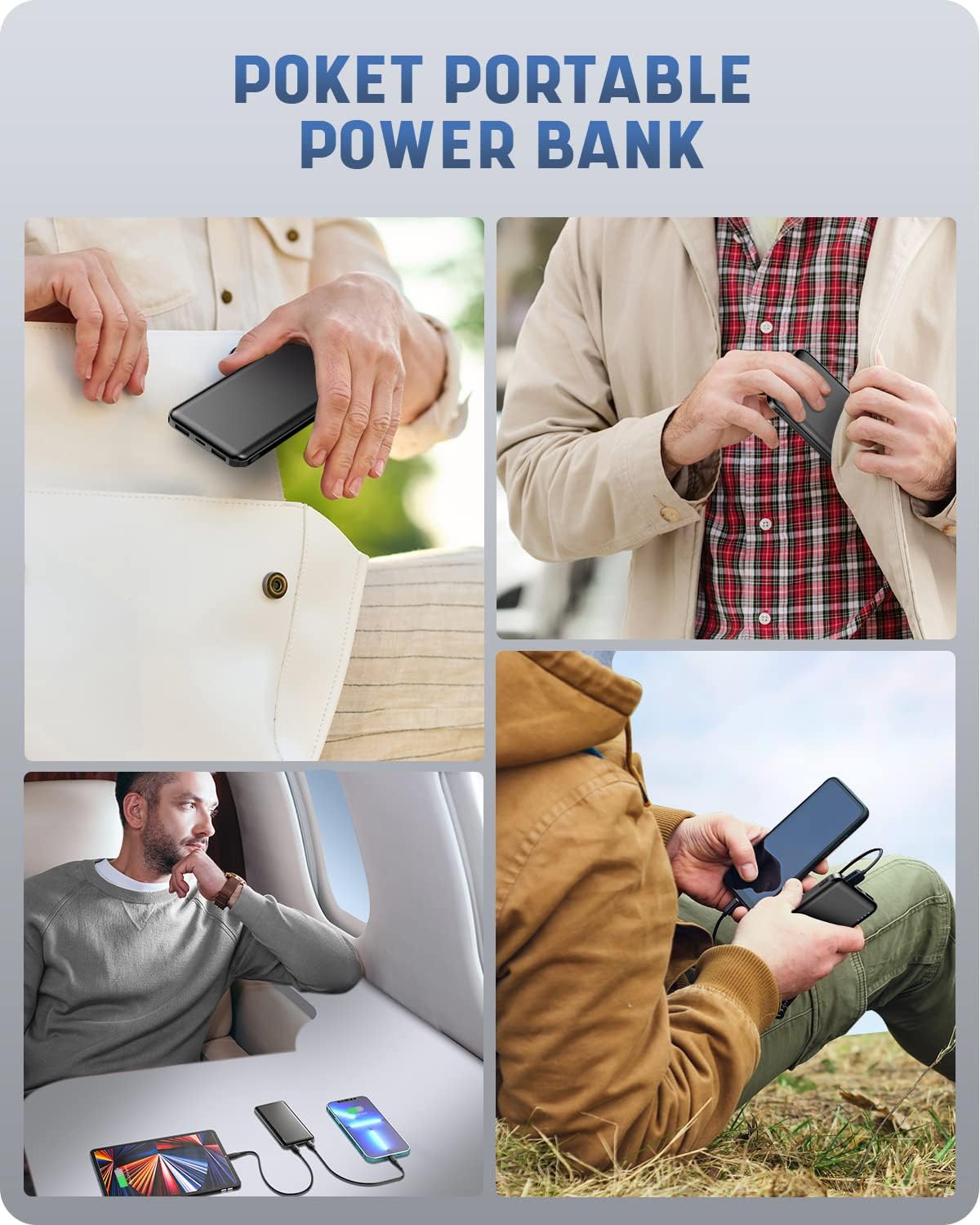 Power Bank, Ultra Slim Leicht 10000mAh Powerbank Klein Aber Stark USB C und 2 USB Ausgängen