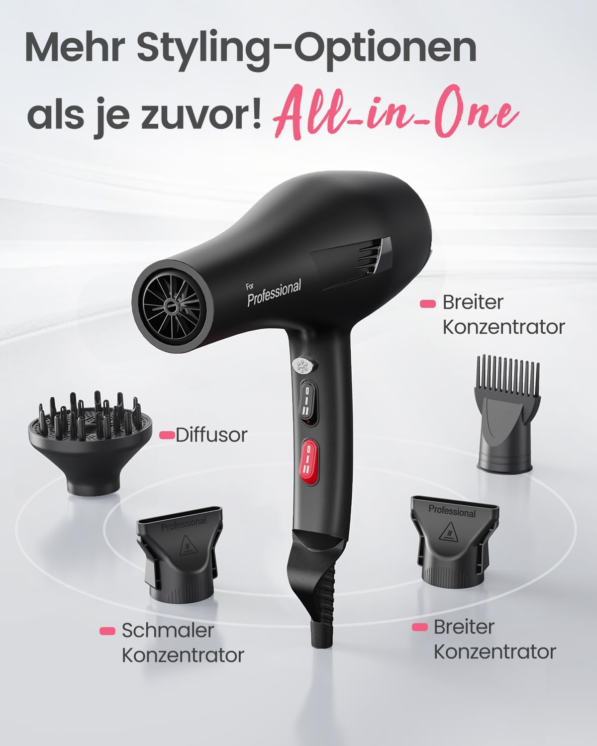 Professional Föhn Ionen Haartrockner Hair Dryer mit 1 Diffusor 2 Stylingdüse, 3 Heiz und 2 Geschwindigkeitsstufen, (Schwarz)