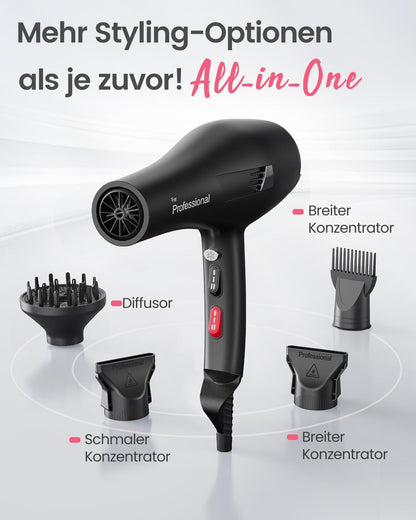 Professional Föhn Ionen Haartrockner Hair Dryer mit 1 Diffusor 2 Stylingdüse, 3 Heiz und 2 Geschwindigkeitsstufen, (Schwarz)