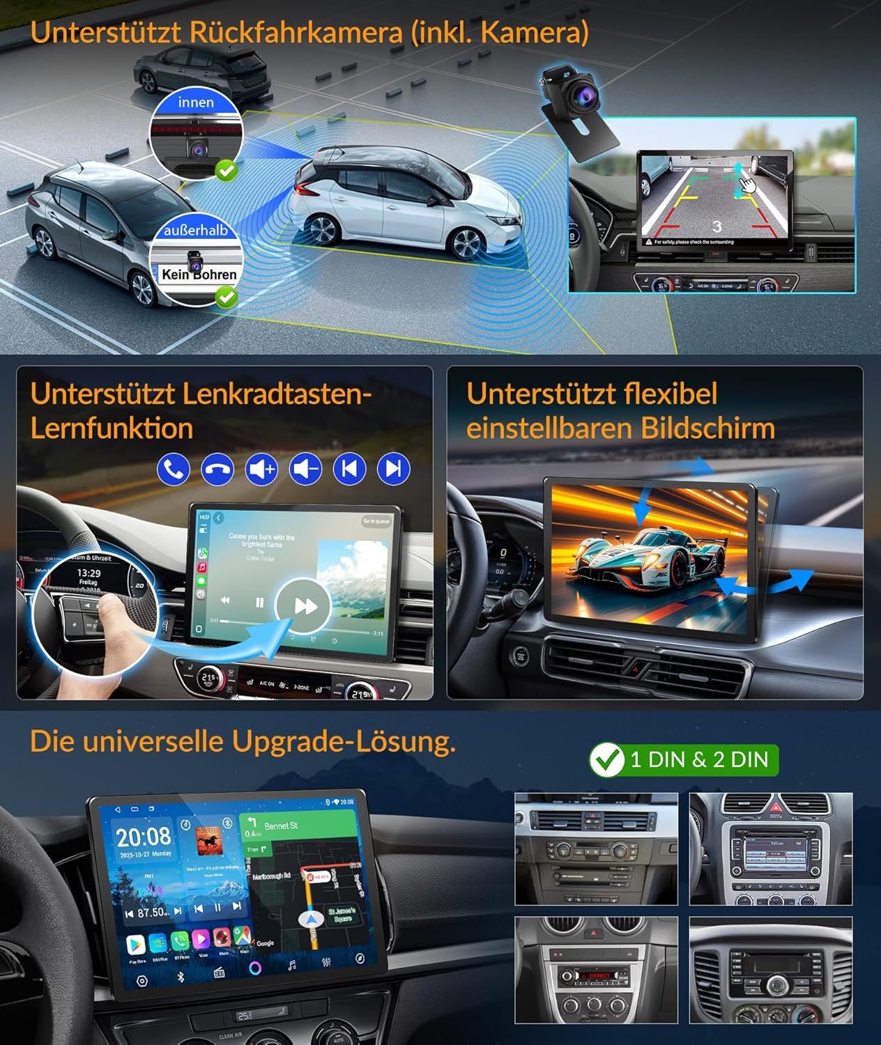 PORMIDO 11,8" 2K Autoradio mit Bildschirm: Android 13 1din Radio Apple CarPlay