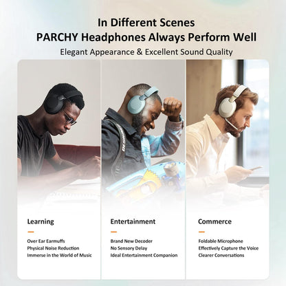 PARCHY Bluetooth-Kopfhörer Over-Ear, kabellos V5.3, Ohrhörer aus weißem Proteinleder, Headset mit Mikrofon (Tiefblau)