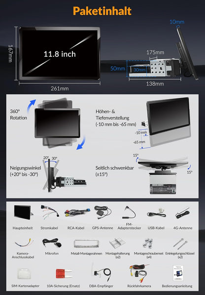 PORMIDO 11,8" 2K Autoradio mit Bildschirm: Android 13 1din Radio Apple CarPlay