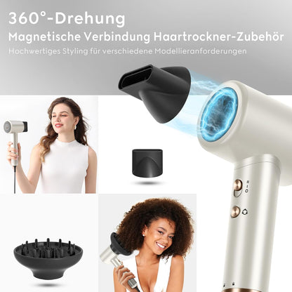 PARWIN PRO BEAUTY Air-Sonic Föhn, HD-LED Anzeige Fön, Haartrockner mit 110,000RPM Bürstenlosem Geräuscharm Motor, 2x 32mm Auto Wrap-Curler, 25M/S Luftstrom für Schnelle Trocknung （Champagne Silver）