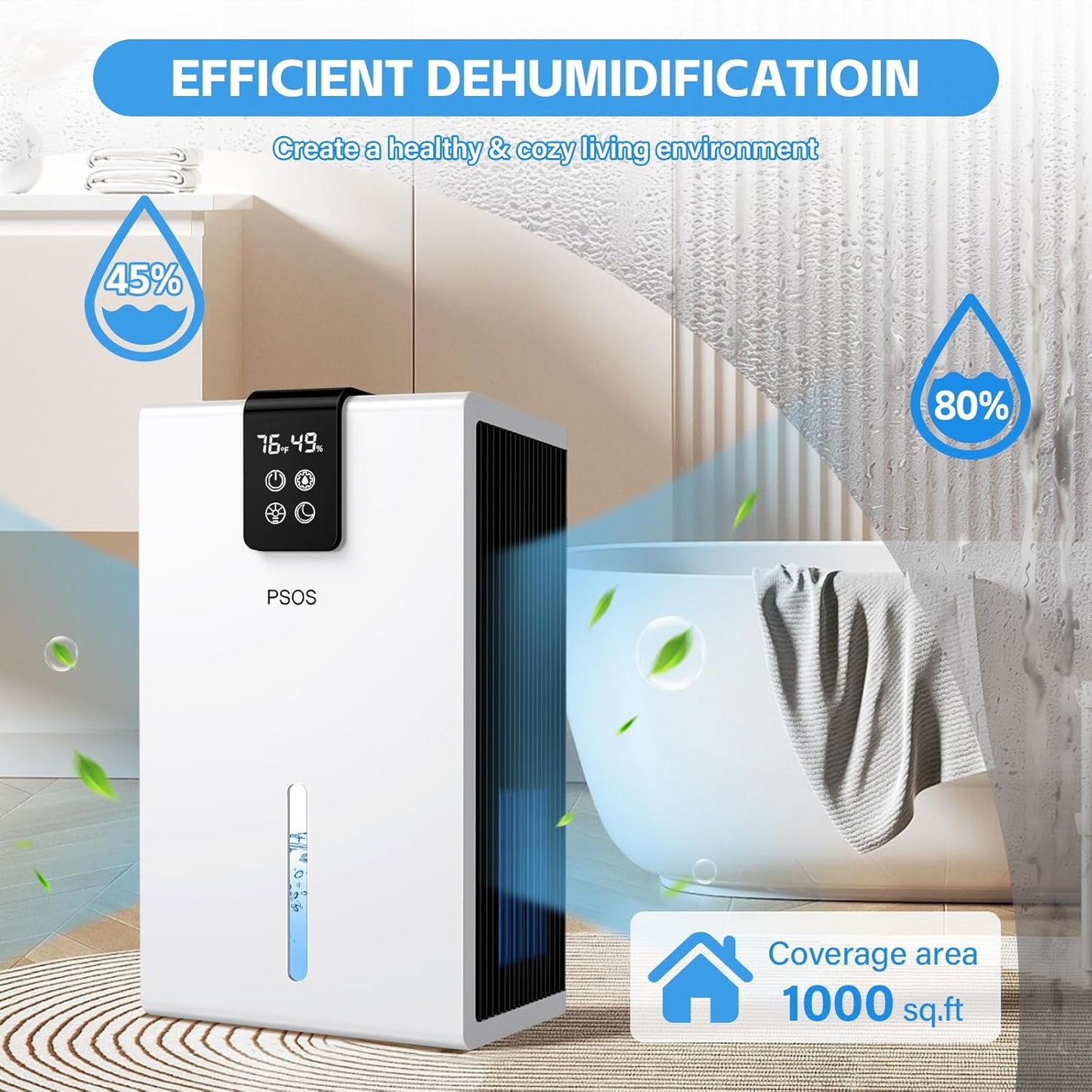 PSOS Luftentfeuchter elektrisch, 2700ML ultra leiser raumenfeuchter mit LED display