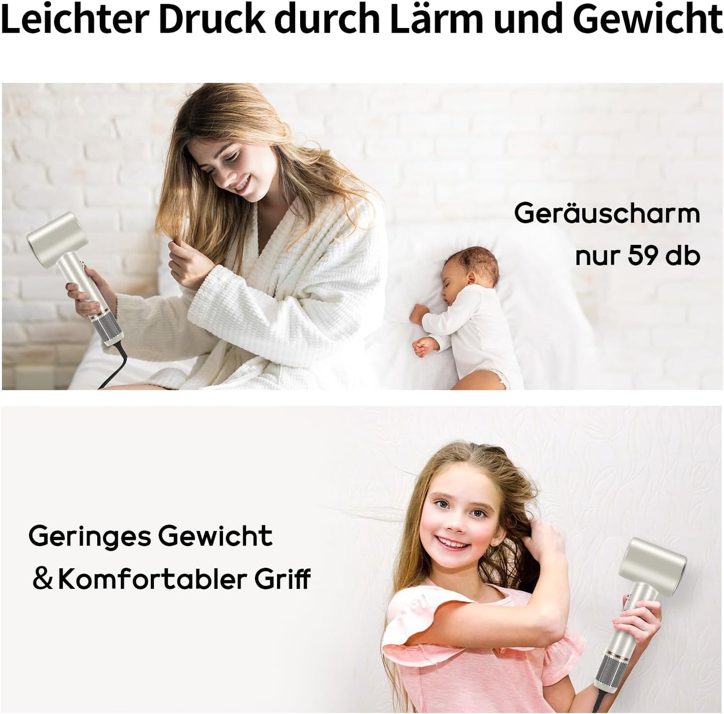 PARWIN PRO BEAUTY Air-Sonic Föhn, HD-LED Anzeige Fön, Haartrockner mit 110,000RPM Bürstenlosem Geräuscharm Motor, 2x 32mm Auto Wrap-Curler, 25M/S Luftstrom für Schnelle Trocknung （Champagne Silver）