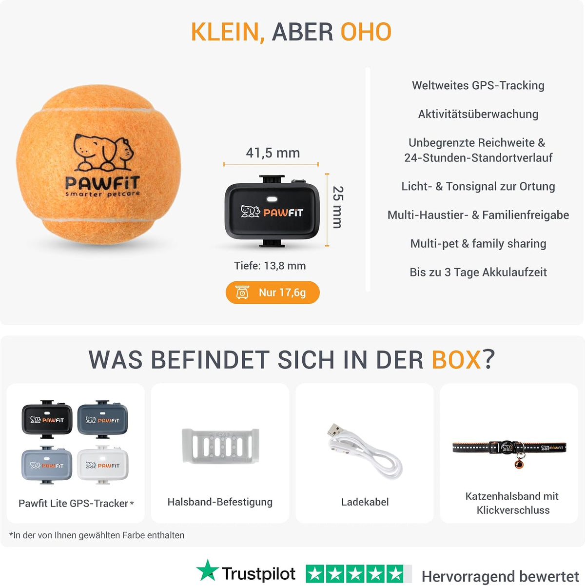 Pawfit Lite für Katzen 4G GPS-Tracker, Ultrakompakt <18g,Echtzeit-Tracking & Aktivität,Onyxschwarz