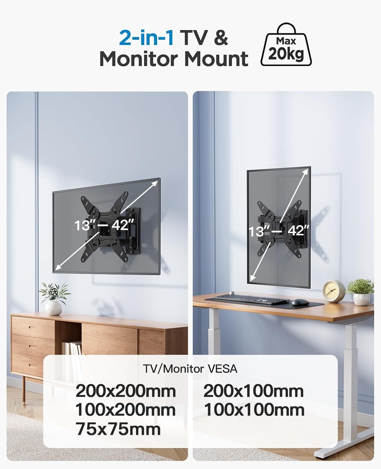 PERLESMITH TV Wandhalterung, Schwenkbare für 13-42 Zoll Monitor bis zu 20kg