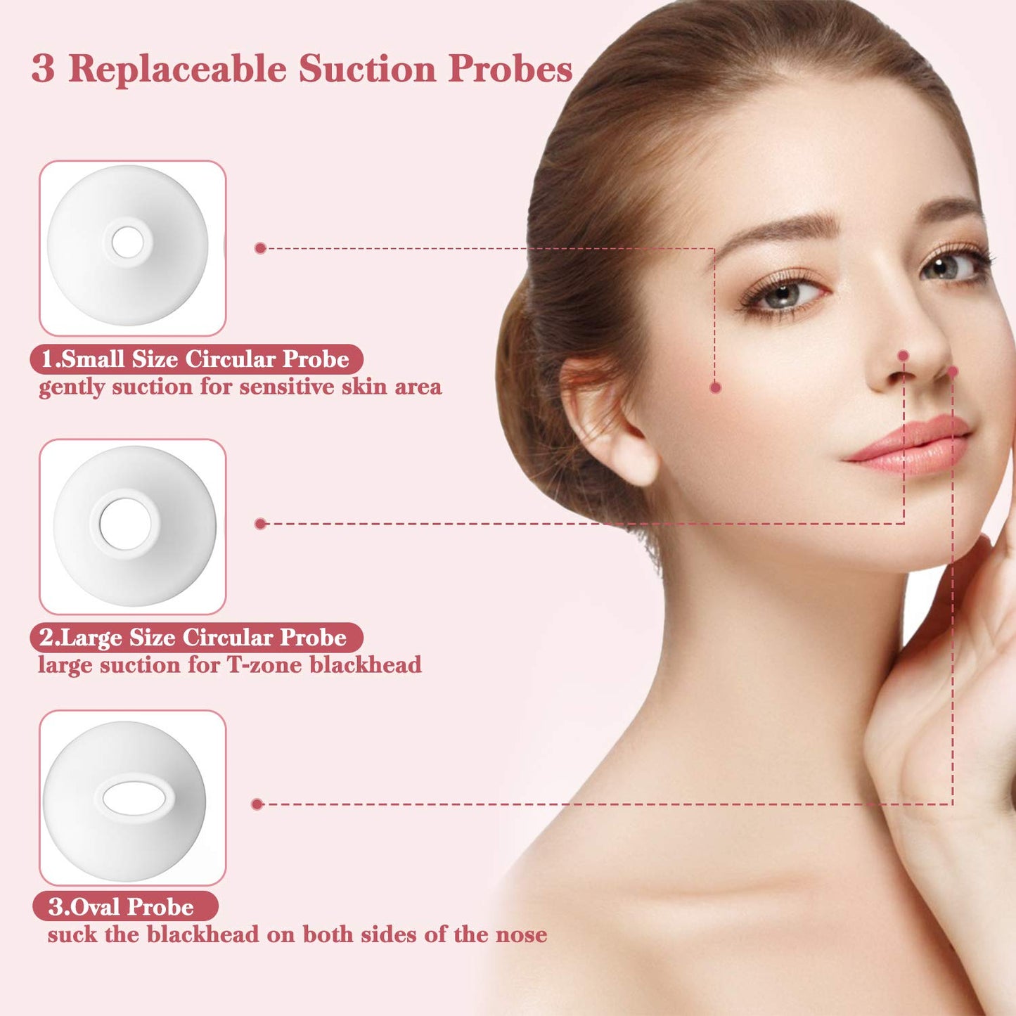 PELCAS Sightbarer Mitesser-Entferner Nettoyeur de pores électrique visages 3 sondes et 3 modes, rose