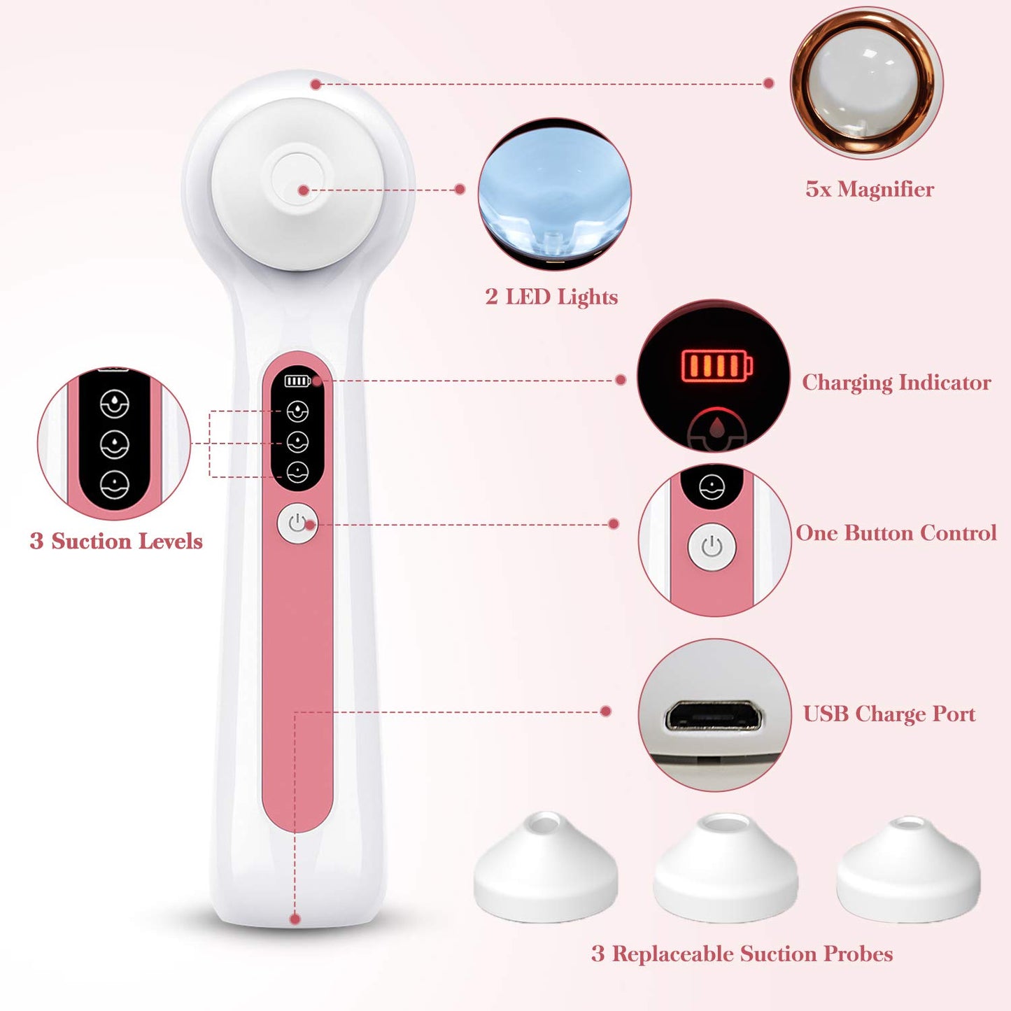 PELCAS Sightbarer Mitesser-Entferner Nettoyeur de pores électrique visages 3 sondes et 3 modes, rose