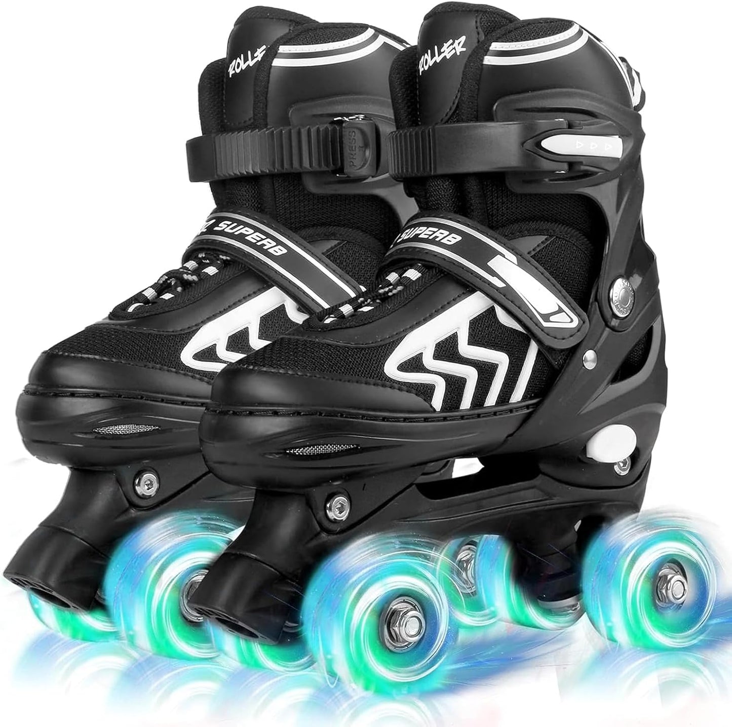 PIPIZHU Rollschuhe für Kinder mit Leuchtenden Rädern L (36-40 EU) Schwarz/Weib