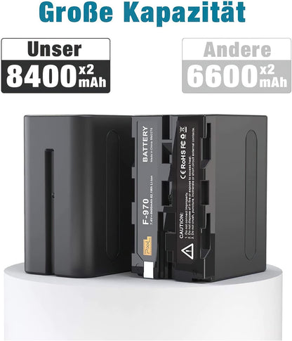 2X NP F970 Pixel Kamera-Akku Ladeset 8400mAh für NP F970, F750, F770, F960, F550, F530, F330, F570, CCD-SC55, TR516, TR716, TR818, TR910, TR917 usw. für Blitzgeräte Videoleuchten Fieldmonitore