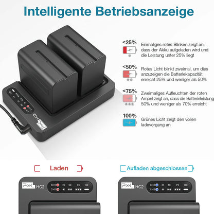 2X NP F970 Pixel Kamera-Akku Ladeset 8400mAh für NP F970, F750, F770, F960, F550, F530, F330, F570, CCD-SC55, TR516, TR716, TR818, TR910, TR917 usw. für Blitzgeräte Videoleuchten Fieldmonitore