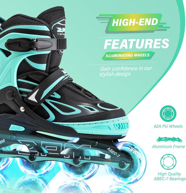 2PM SPORTS Verstellbare Inline-Skates Rollschuhe für Kinder Grün Größe: Large(EU 37-40)