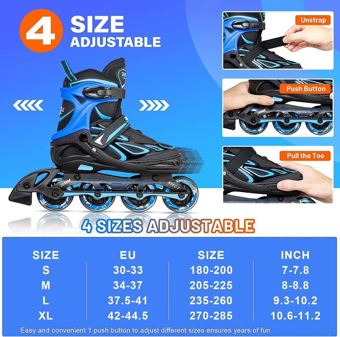 2PM SPORTS Verstellbar Inliner für Kinder, Leucht Inline Skates Rollschuhe für Damen/Herren Blau Medium