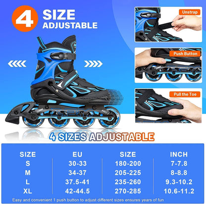 2PM SPORTS Verstellbar Inliner für Kinder, Leucht Inline Skates Rollschuhe für Damen/Herren Blau Medium