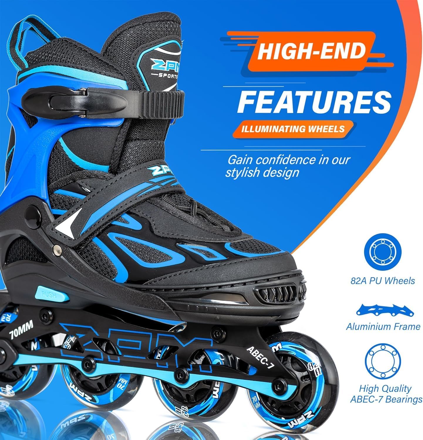2PM SPORTS Verstellbar Inliner für Kinder, Leucht Inline Skates Rollschuhe für Damen/Herren Blau Medium
