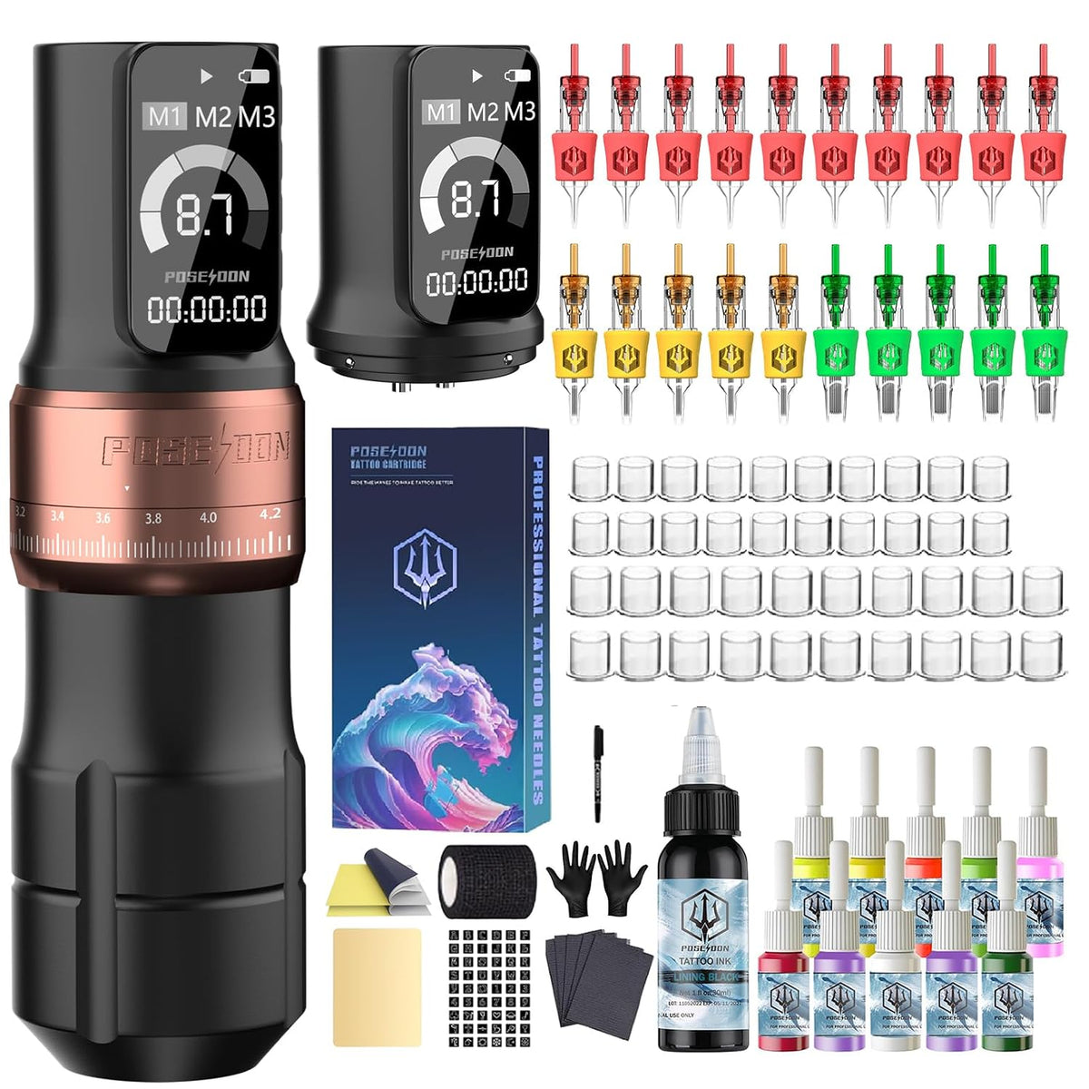 POSEIDON Kabelloses Rotary Tattoo Maschine Kit mit 20 Tattoo Patronen Nadeln, Tinte Set