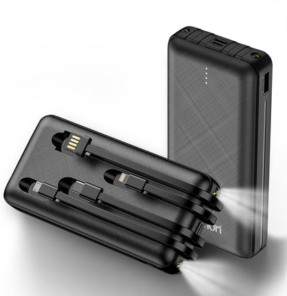 20000 mAh Power Bank 4 Ausgänge 3 Eingänge,Tragbares Ladegerät mit eingebauten Kabeln