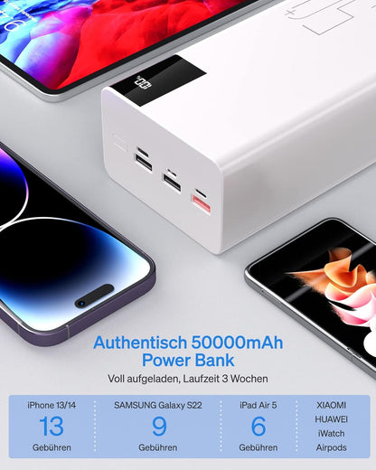 Batterie externe Power Bank 50 000 mAh à charge lente : 22,5 W, charge rapide, grande capacité, avec étui