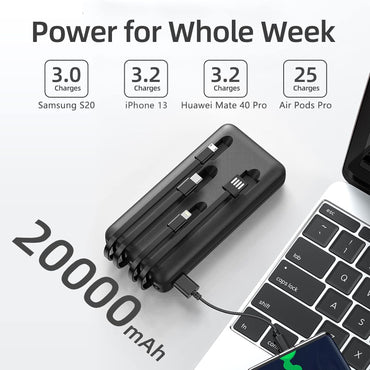 20000 mAh Power Bank 4 Ausgänge 3 Eingänge,Tragbares Ladegerät mit eingebauten Kabeln