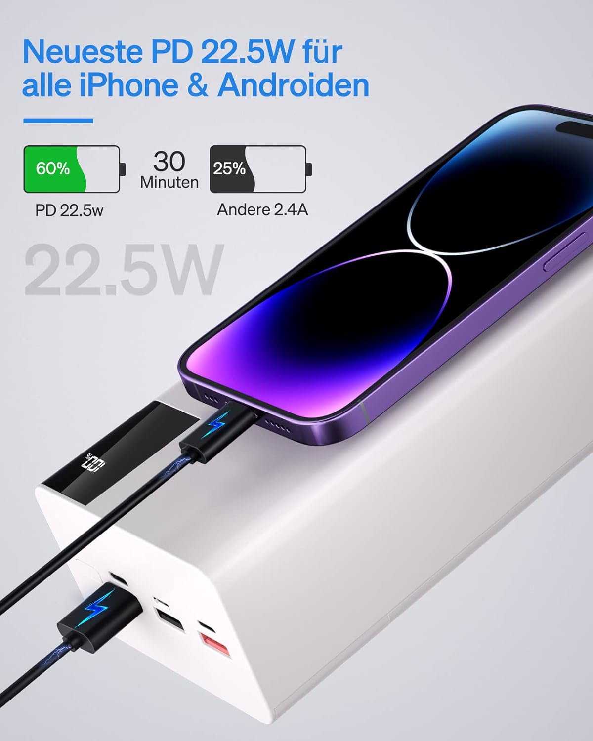 Batterie externe Power Bank 50 000 mAh à charge lente : 22,5 W, charge rapide, grande capacité, avec étui