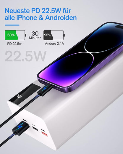 Batterie externe Power Bank 50 000 mAh à charge lente : 22,5 W, charge rapide, grande capacité, avec étui