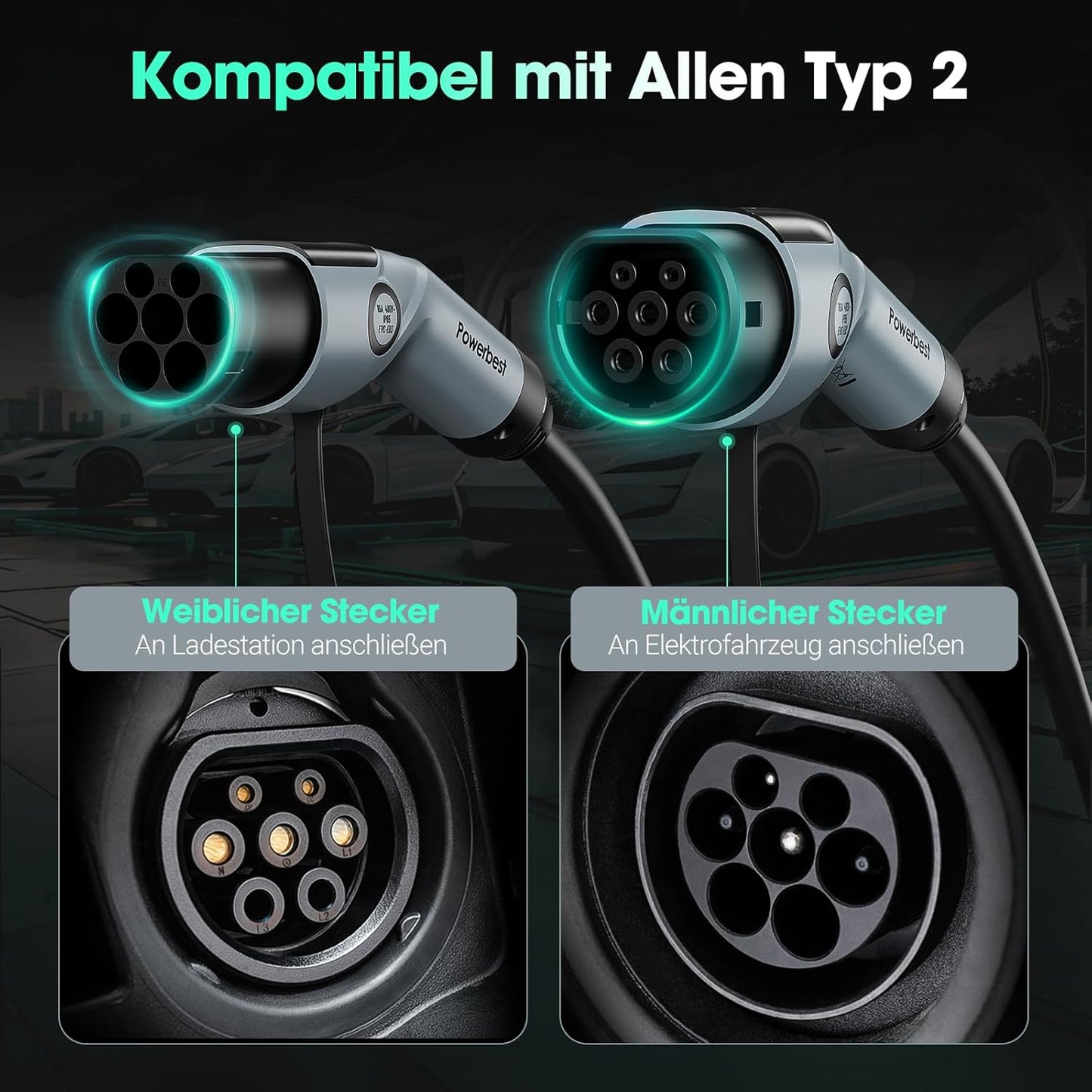 Powerbest Typ-2-Ladekabel, 11KW 5M 16A Dreiphasiges E-Auto-Ladekabel Typ 2