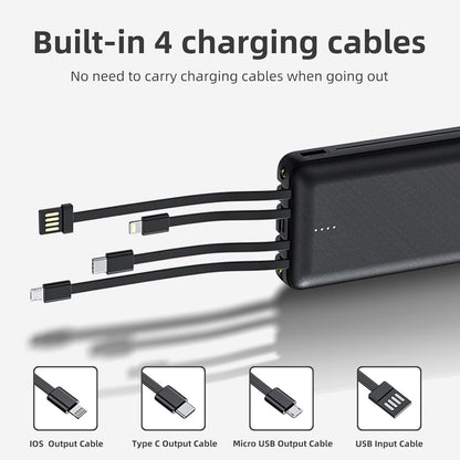 20000 mAh Power Bank 4 Ausgänge 3 Eingänge,Tragbares Ladegerät mit eingebauten Kabeln