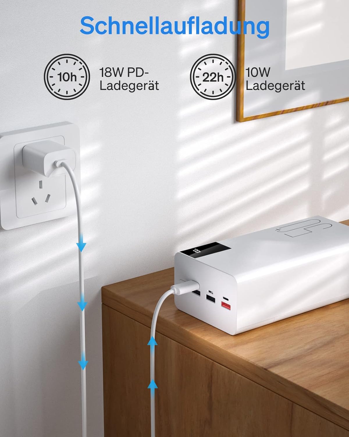 Batterie externe Power Bank 50 000 mAh à charge lente : 22,5 W, charge rapide, grande capacité, avec étui