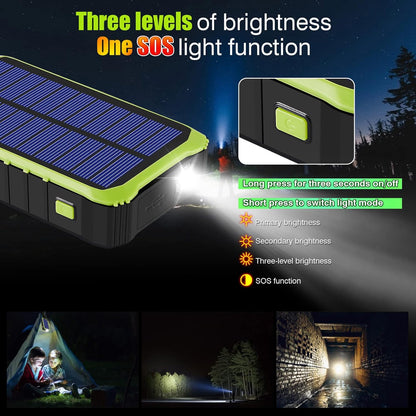 Batterie externe solaire CXYP 12 000 mAh avec double port USB et lampe LED pour téléphone (verte)