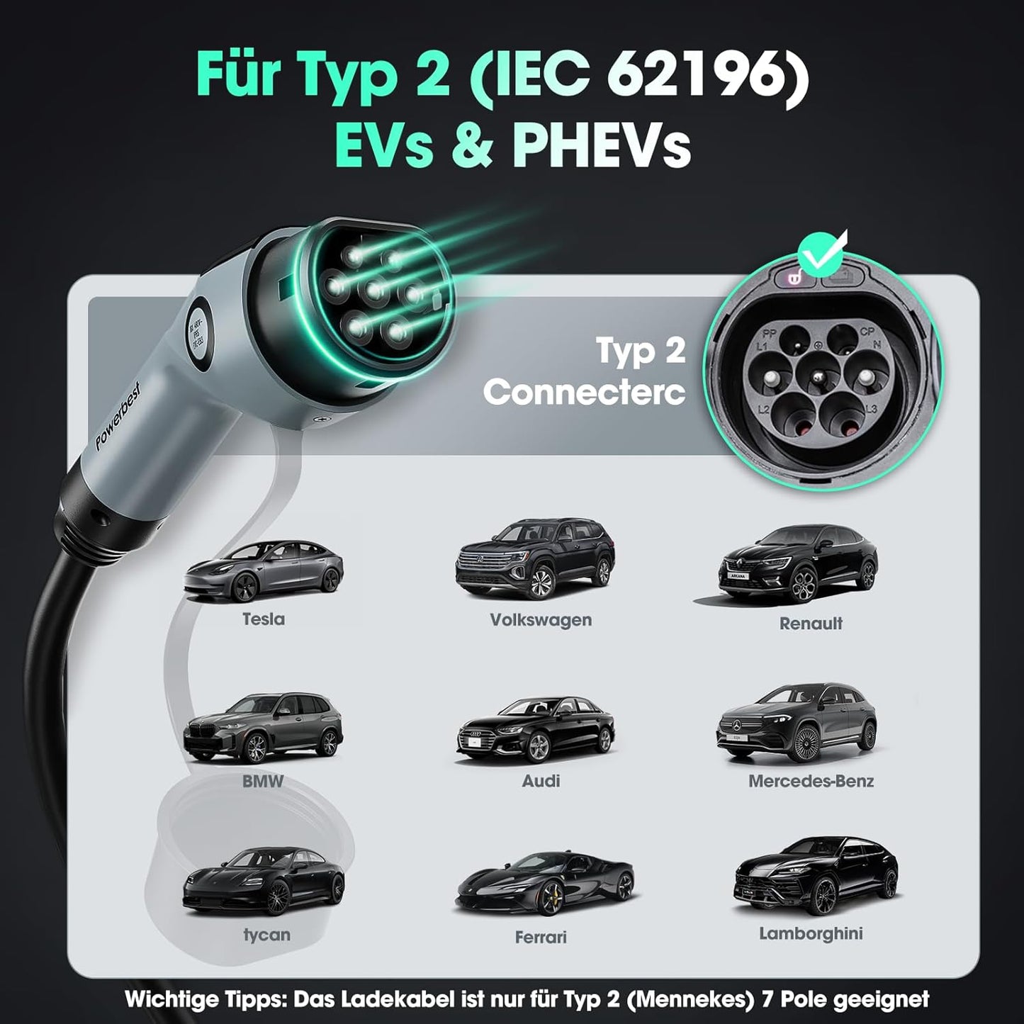 Powerbest Typ-2-Ladekabel, 11KW 5M 16A Dreiphasiges E-Auto-Ladekabel Typ 2