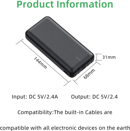 20000 mAh Power Bank 4 Ausgänge 3 Eingänge,Tragbares Ladegerät mit eingebauten Kabeln