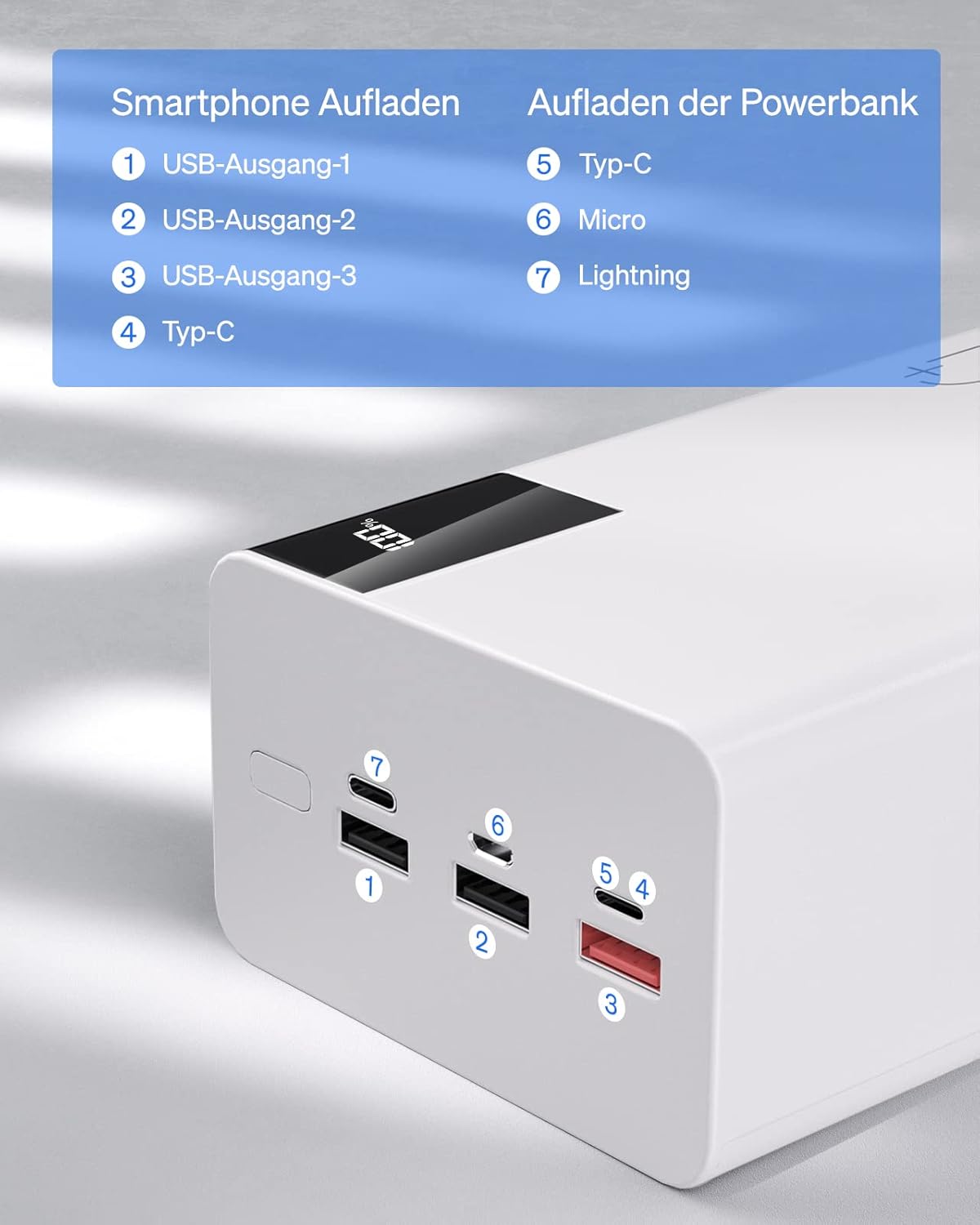 Batterie externe Power Bank 50 000 mAh à charge lente : 22,5 W, charge rapide, grande capacité, avec étui