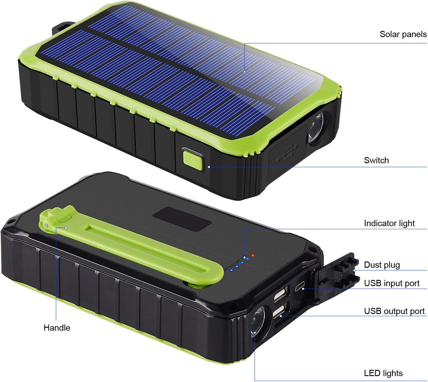 Batterie externe solaire CXYP 12 000 mAh avec double port USB et lampe LED pour téléphone (verte)